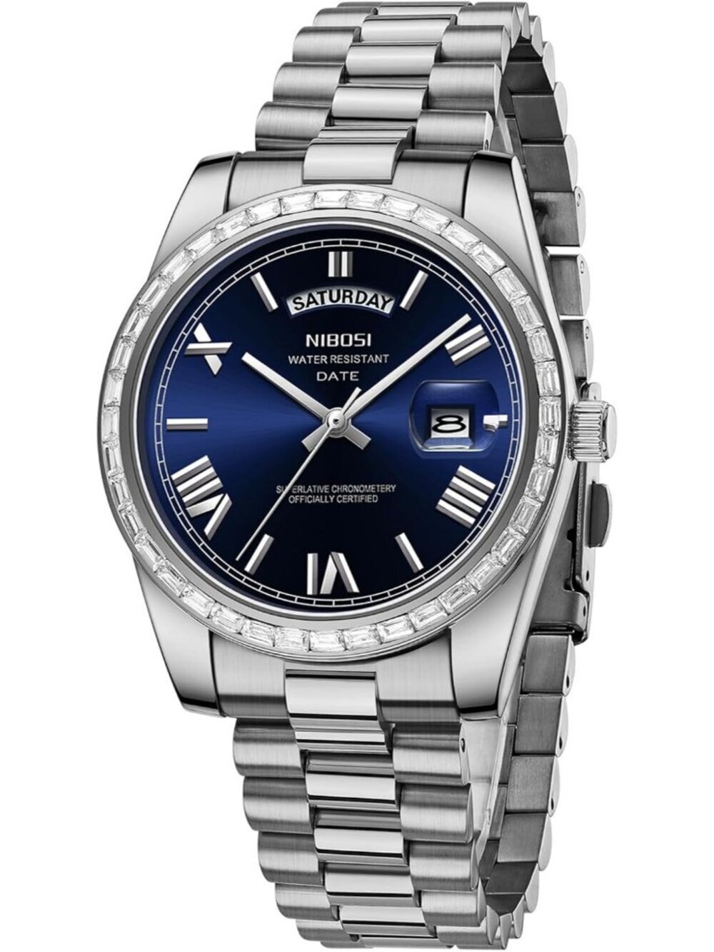 Nibosi Men's Silver Blue Analog Quartz Diamond Bezel Stainless Waterproof Watch